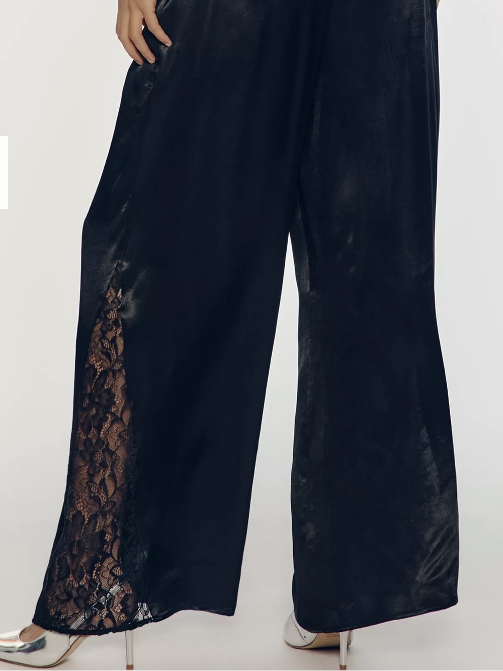 Anthropologie Black Satin Lace Insert Wide-Leg Pants with POCKETS 😍😍 NWT - Picture 4 of 4